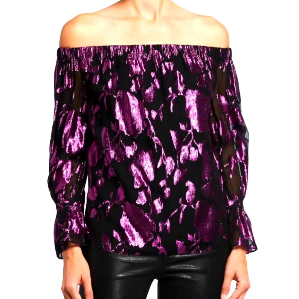 Metallic Clip Chiffon Off-the-Shoulder Top NWT
